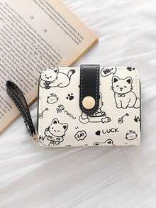 女士迷你钱包，可爱猫咪图案，小巧拉链零钱包，带多卡位和腕带 - 轻便易携，可装现金、身份证和硬币，大容量短款钱包，时尚可爱仿皮零钱包，适合日常使用、通勤上班，也是馈赠亲友的理想之选。