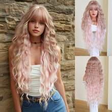 7JHH WIGS 高品质36英寸超长波浪卷发假发，优雅粉色渐变超长波浪假发，刘海挑染金色，耐热纤维材质，无胶合成全机编织，适合日常佩戴、音乐节派对、街头风、动漫角色扮演或服装搭配，是女孩毕业礼物和假发配件的理想之选。 - 粉色 - 查看 12