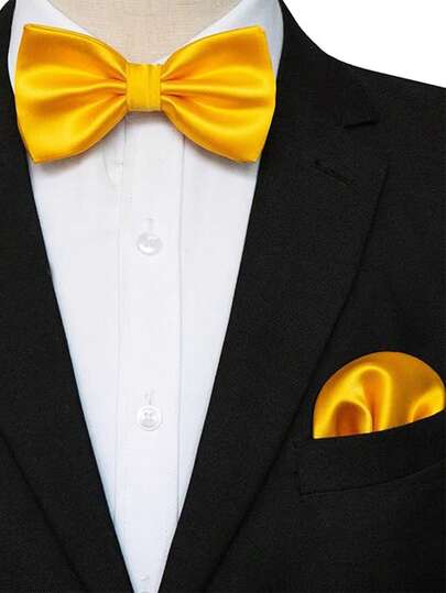 1 Set Men's Solid Color Business Bow Tie & Pocket Square Set, Groom Wedding Party Bow Tie & Handkerchief 2-Piece Set, Men's Gift (Pocket Square 22x22cm)