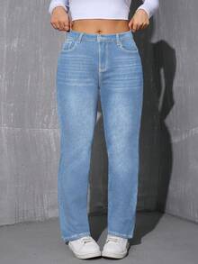 Women's Plus Size Thermal Lined Straight Pants - Mid-Rise Winter Warmth & Everyday Style - Light Wash - View 3