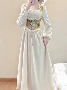 فستان رسمي بقصة قصر 2 في 1 لتنحيف الخصر، فستان أبيض طويل الأكمام بطراز فرنسي قديم، مناسب للمضيفات والدراما والعروض والرقص على المسرح - متعدد الألوان - مشاهدة 2