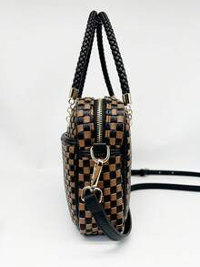 Vegen Leather Checkered Crossbody Bag For Women Small Cute Vegan Leather Purses Boho Shoulder Plaid Handbags Top Handle Satchel Bag Wide Strap Woven Bum Bag |   Stylish Woven Crossbody Bag Adjustable Strap For Travel Festivals & Everyda PU Leather Checkered Clutch Purses Underarm Shoulder Handbag - 杏白格子 - 查看 2