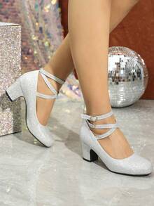 2026 Women's Solid Color Minimalist American Style Woven Vacation Slip-On Lace-Up Mary Jane High Heel Round Toe Party Pumps - 銀色 - 查看 4