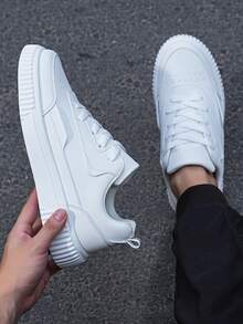 Men's Skate Shoes, White Leather Sneakers With Thick Wave Sole, Non-Slip Comfortable Low-Top Shoes For Casual Wear, Street Style Gift For Him - 白色 - 查看 5