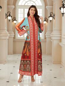 优雅女士V领长袖波西米亚印花连衣裙，采用柔软面料制成，展现充满活力的波西米亚风格 - BX21 - 查看 6