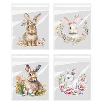100 piezas Bolsas de regalo con diseño de conejo de Pascua y flores, bolsas de empaque transparentes con adhesivo con diseño de lindo conejo y flores de primavera, 4 patrones diferentes mezclados - adecuado para regalos de Pascua y fiestas temáticas y otras ocasiones