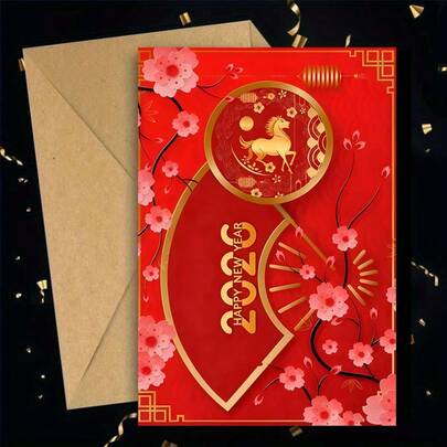 1pc - With Envelope Happy Chinese New Year Greeting Card, Chinese New Year Gold Horse Year Card, Congratulations And Prosperity Gift Card, Suitable For Anyone New Year Card