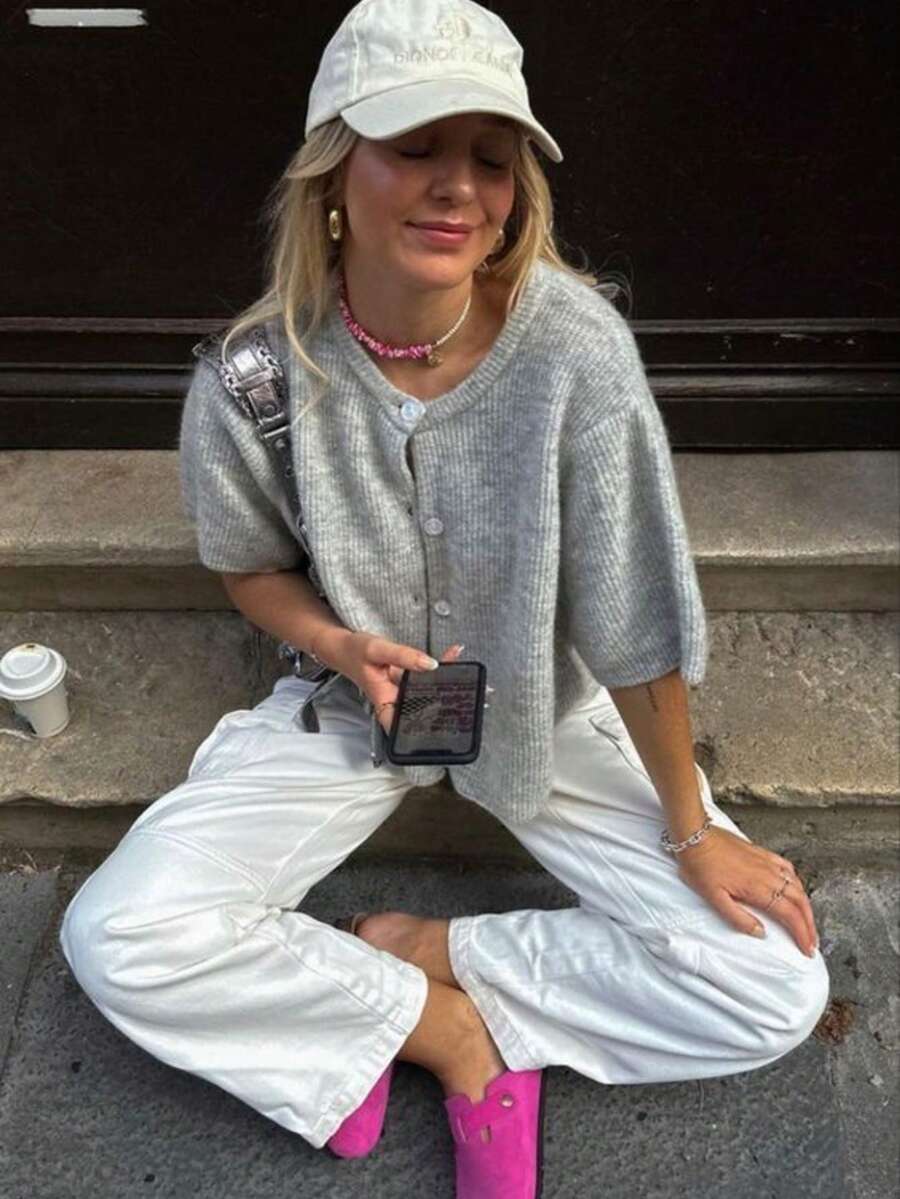 SEREN Nueva Camiseta de punto de cuello redondo con botones y manga larga gris para otoño/invierno, suéter de mujer con diseño de encaje ajustado, adecuado para ir al trabajo, parte superior con efecto de dos piezas - Gris - Ver 1