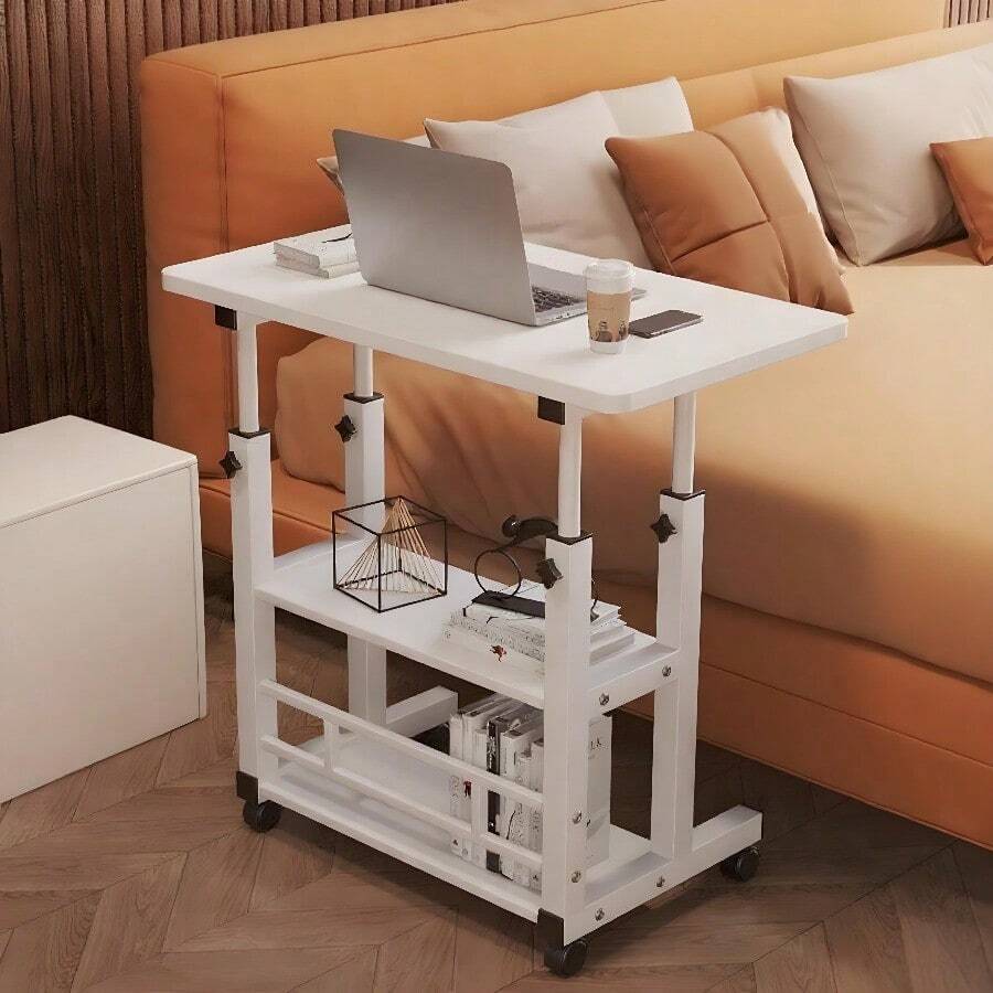 3-Tier Metal Folding Desk With Wheels & Storage Shelf, Height Adjustable & Expandable Desktop, For Laptop, Study, Office Work, Rolling Computer Table For Bedroom, Living Room, Home Office - 4 bánh xe màu trắng - Xem 1