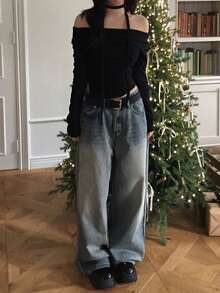 Korean Style Sexy Off Shoulder Asymmetrical Fitted T-Shirt With Neck Scarf Casual Black - Black - View 5