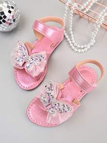 1双玫红色加大码幼儿/小女孩平底凉鞋，柔软皮革，饰以彩色水钻网眼蝴蝶装饰，圆头设计，防滑软底，时尚公主风沙滩/休闲装，适合3-12岁儿童，2026春夏款 - 玫紅色 - 查看 2