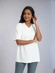 Women's Solid Color V-Neck Sports T-Shirt White Summer - White - View 5
