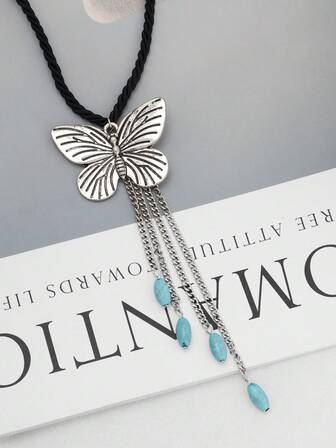 1pc Elegant Vintage Palace Style Butterfly Tassel Necklace, Chic & Romantic