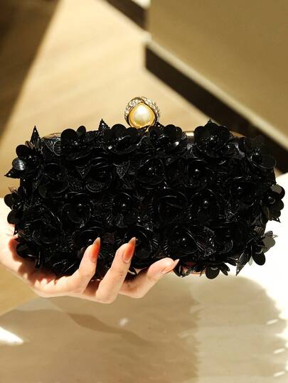 Vintage Handmade Beaded Shiny Sequin Flower Evening Clutch Bag, Fashionable & Elegant, Suitable For Wedding Dress And Bridesmaid Dress