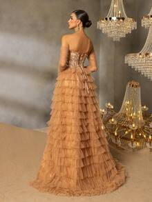 Faeriesty Women's Strapless Sequin Mermaid Maxi Dress, Multi-Layer Sheer Skirt, High Slit Design, Paired With Sheer Long Sleeves, Suitable For Red Carpet Galas, Formal Dinners, Weddings, Luxury Balls, And Special Occasions - Khaki - View 2