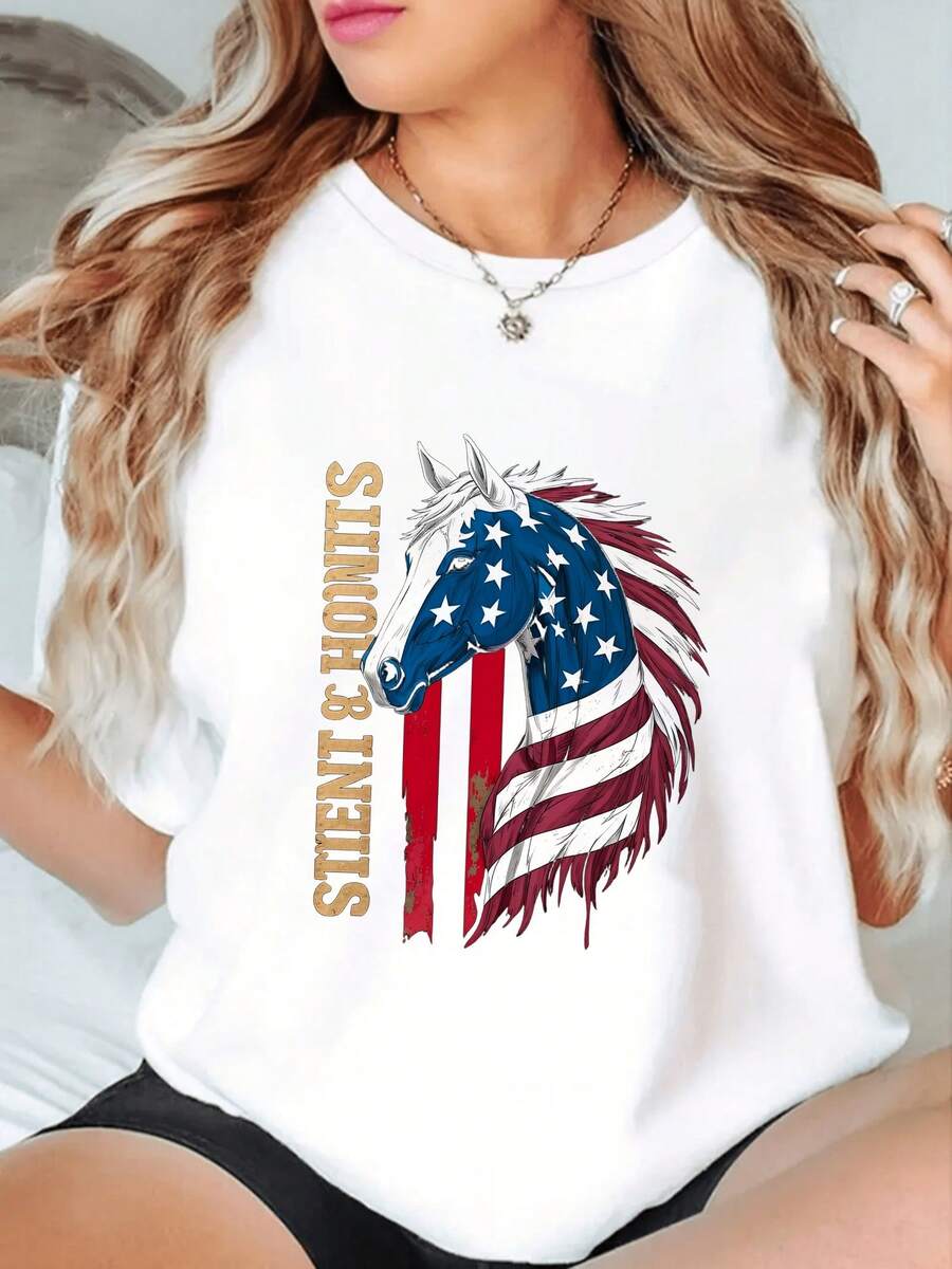 100% Cotton Patriotic Horse American Flag - Horse-4 - 白色5 - 查看 1