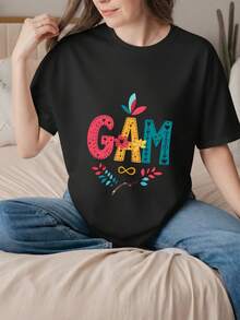 Soft Cotton Summer T-Shirt With Floral Print, 100% Cotton, Short Sleeve, Round Neck, Gift For Mother's Day, For Grandmother, Women, T-Shirt To Announce The New - 黑色 1 - 查看 5