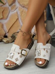 女士圆头蝴蝶结水钻搭扣平底鞋，时尚优雅简约套脚舒适休闲/工作/派对凉鞋 - 米色 - 查看 5