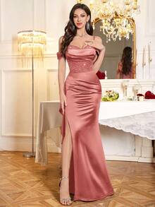 MIUSOL Đầm dạ hội dài satin nữ thanh lịch, trễ vai, đính sequin, ren hoa, viền bèo nhún, xẻ đùi, cho khách mời đám cưới, lễ tốt nghiệp, tiệc tối - Bụi hồng - Xem 5