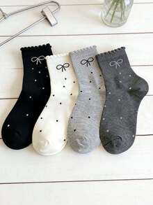 1/4 Pair Women Polka Dot Bow Mid-Calf Socks - Soft Comfortable Casual Socks, Suitable For Daily Wear, Spring/Summer, College Style - Multicolor - View 2