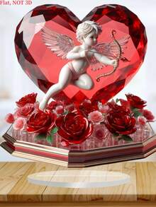 Adorno de corazón de cristal de ángel de San Valentín en 2D plano con base de rosa - Un tema de amor romántico - Hecho de acrílico 2D, perfecto para la decoración del hogar y la cafetería, un regalo ideal para las fiestas. - Multicolor - Ver 2