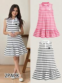 2 peças Vestido Casual e Confortável para Meninas com Padrão Listrado, Bainha Franzida e Gola Polo Sem Mangas - Multicolorido - Visão 3