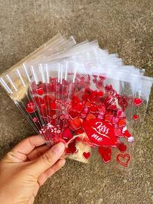 100pcs Red Heart Printed Gift OPP Bags, Valentine's Day, Mother's Day, Wedding Theme Party, Couples, Lovers Gift Wrapping Sealing Bags, Suitable For Theme Party Promotion Gifts - 紅色 - 查看 5
