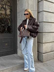 New Vintage Bomber Leather Jacket, Solid Color Casual Zipper Pocket Jacket, Leather Jacket, Regular Fit, Women Winter Jacket - Coffee Brown - View 5