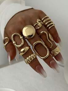 10pcs Vintage Fashion Simple Elegant Sophisticated Bohemian Style Antique Coin Textured Geometric Criss-Cross Round Twisted Smooth Chunky Ring Set, Suitable For Holiday, Party, Date, Gift, Daily Wear - Yellow Gold - View 3