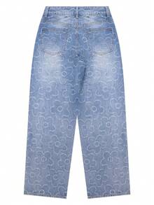 NVFelix Jeans longs en denim décontractés et polyvalents pour femmes, avec un design floral jacquard unique, style mode Bermuda Y2K, avec poches, jambe droite ample taille haute non stretch, jeans lavés, convient pour le port quotidien, nouvelle collection automne/hiver - Jean clair - Voir 8