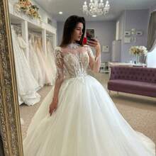 Elegant Sexy Lace Applique Long Sleeves A Line Tulle Formal Wedding Dress,Registry Office Dresses Bridal Gown,Evening Party Dress Birthday Party Dress Country Wedding,Romantic Church Ceremony Wedding Dress,Suitable For Wedding,Dating,Party,Singles' Party,Vacation,Formal Occasions,Dinner Dress,Prom Dress,Homecoming Dess,Cocktail Party,Wedding Guest Dress,Graduation - Blanco - Ver 4