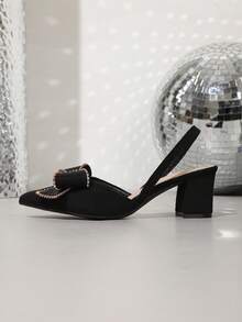 春季新款时尚女士尖头婚鞋，粗跟镶钻蝴蝶结休闲舒适高跟鞋 - 黑色 - 查看 5