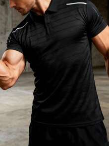 男士速干透气Polo衫，短袖翻领，可机洗，适合户外健身、训练、商务休闲、夏季商务、户外运动、跑步、日常商务休闲穿着 - 黑色 - 查看 3