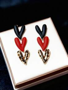 3 pares de pendientes con estampado de leopardo y corazón rojo pintado, adecuados para uso diario, excelente regalo de Navidad - Multicolor - Ver 11