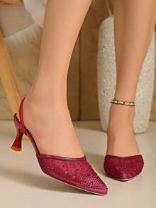 Summer New Rhinestone Fashion Mesh Elegant Closed Toe Ankle Strap High Heel Sandals For Women - Burgundy - View 3