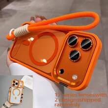 Nuova custodia magnetica per telefono con grande finestra, serie 17, con supporto nascosto per lente in metallo e cordino in nylon di alta qualità, compatibile con iPhone 17, 17air, 17pro, 17promax, 16pro, 16promax, 15pro, 15promax, 14pro, 14promax, 13, 13pro, 13promax, 12, 12pro, 12promax, 11, 11promax, Corning Glass, cordino antifurto, unisex - Arancione - Visualizzare 21