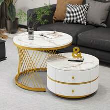 Elegant 2-Piece, White Nest-Shaped Coffee Table Set, 60*60*46cm & 50*50*30.8cm, Round With High-Gloss Marble Look, 2 Drawers, Load Capacity Up To 30kg, Nesting Coffee Table Combination - White - View 4