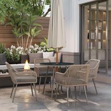 Outsunny 4 Seater Rattan Dining Set, Rattan Garden Furniture Set With Parasol Hole, Outdoor Dining Table And Chairs Set With Cushions, Round Glass Top Table For Patio, Balcony, Light Brown - Brown - View 7
