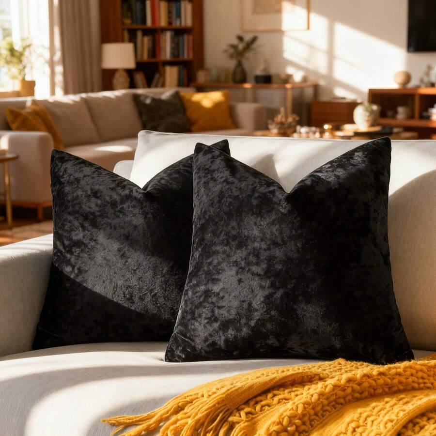 1pc Soft Velvet Dotted Textured Frosty Floral Solid Color Throw Pillow Cover, Suitable For Sofa, 18x18 Inches - Black - View 1