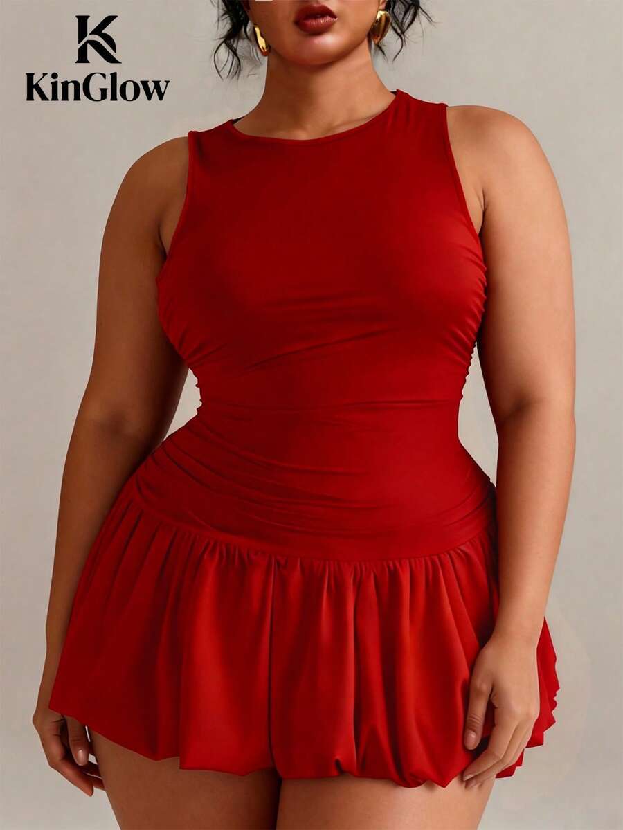 KINGLOW 大码女士优雅无袖圆领红色迷你连衣裙，适合叠穿作为正式服装，适合外出、派对、约会、情人节和其他夏季场合。
