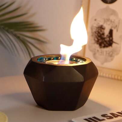 Diamond Black Concrete Fire Pit Smokeless Fire Bowl With Ambient Colored Stones Portable Tabletop Bioethanol Fireplace For Outdoor Indoor Home Garden Balcony Dining Table