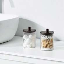 TIPGO Glass Qtip Holder Dispenser - 10 Oz Clear Canister Apothecary Jar, Bathroom Vanity Storage Organizer Set For Cotton Swabs, Pads, Floss Picks, Small Containers For Makeup Storage (2 Pack, Black) - ColorB - View 2