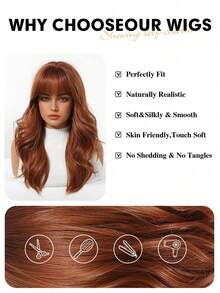 20 Inch Deep Brown Long Wavy Layered Synthetic Wig With Bangs, Suitable For Women's Daily, Party, Cosplay Styling - Dirty Orange - View 7