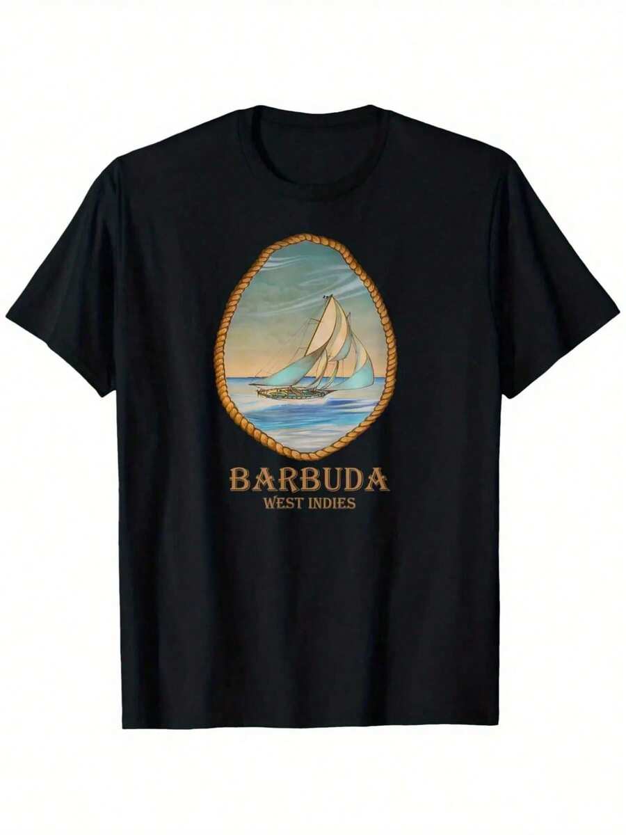 Babuda West Indies Retro Sailing Vacation T-Shirt Mens T-Shirt Fun Pattern Casual Comfortable Round Neck Cotton Short Sl - Black - View 1