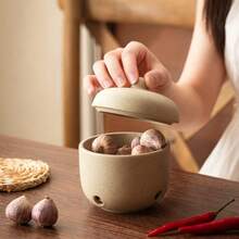 1pc Japanese Style Coarse Ceramic Garlic Storage Jar (With Lid), Suitable For Ginger And Chili Kitchen Storage Container, Perforated Storage Box, Breathable Fresh-Keeping Household Storage Bucket, And Creative Onion Storage Container With Moisture And Mold Resistance - Stoneware - View 7