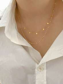 1 chiếc dây chuyền hình thoi đính sequin hình cánh hoa bằng thép không gỉ mạ vàng 18K dành cho bé gái, dây chuyền choker hai lớp tinh tế tối giản. - Vàng - Xem 8