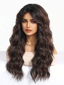 24-Inch Brown Highlight Bangs With Long Curly Hair, Rose Net Cap ,Blonde Wig,Wigs For Women,Soft Synthetic Hair,Fashion Must-Haves,Comfortable To Wear,Natural Look,Musthave For Beginners,Comfortable To Wear, Versatile For Daily & Party &Cosplay&Festival&Music Festival Parties - Brown Highlight - View 2