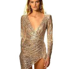 New Sequin Elegant Commuter V-Neck Mid-Waist Party Sexy Bodycon Irregular Short Dress - 銀色 - 查看 6