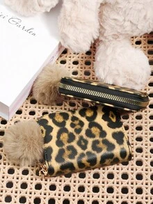 With A Pom-Pom Charm,Leopard Print Pattern Versatile Coin Wallet,Zipper Card Holder Multi-Card Card Organizer For Storage Credit Cards,Lightweight Minimalist,Fashion,Modern,Business,For Anniversary,For Christmas,On Valentine Day,For Birthday Gift,For Gift,For Lover For Women,For Girls,For Lady,For Female,Bag School Supplies For School Dorm Room & Back To School - Khaki - View 7