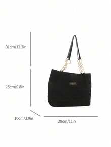 Fashion Striped Handbag - Women's Large Capacity Shoulder Bag - Zipper Tote Bag For Daily Use - Metal Chain Strap Tote Bag - Black - View 4